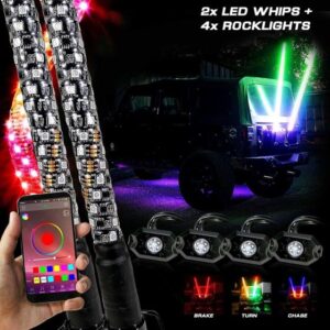 (DUAL) LED RGB CHASE Whip Light + Rock Lights Off Road Flag Bluetooth Color Moving Synced 3FT